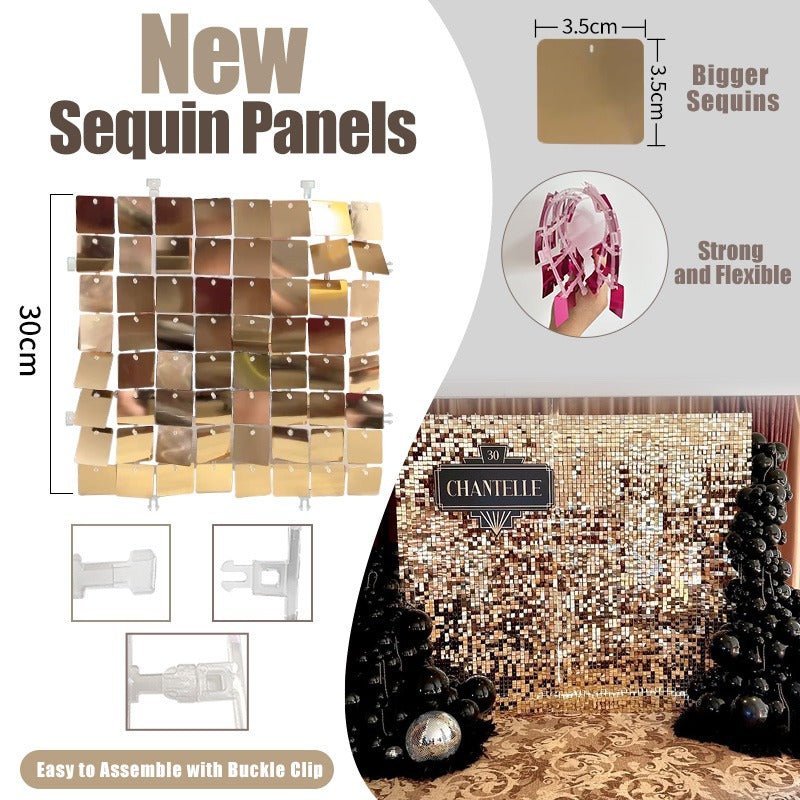 Buckle Clip Sequin Panels - 6 Pack - faster install! - 30cm x 30cm (Contact for samples as return shipping chargeable if colour varies on different devices/screens - also refer to video for colour) - Kids Rule Backdrops